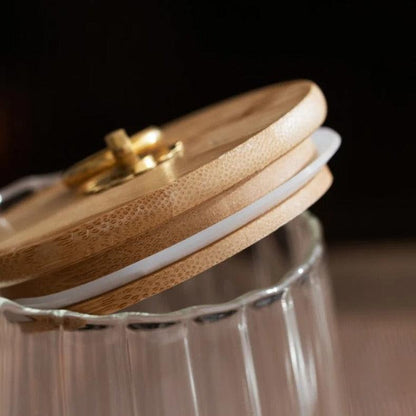 Glass Storage Jar with Wood Lid and Gold Ring Handle, Ribbed Design