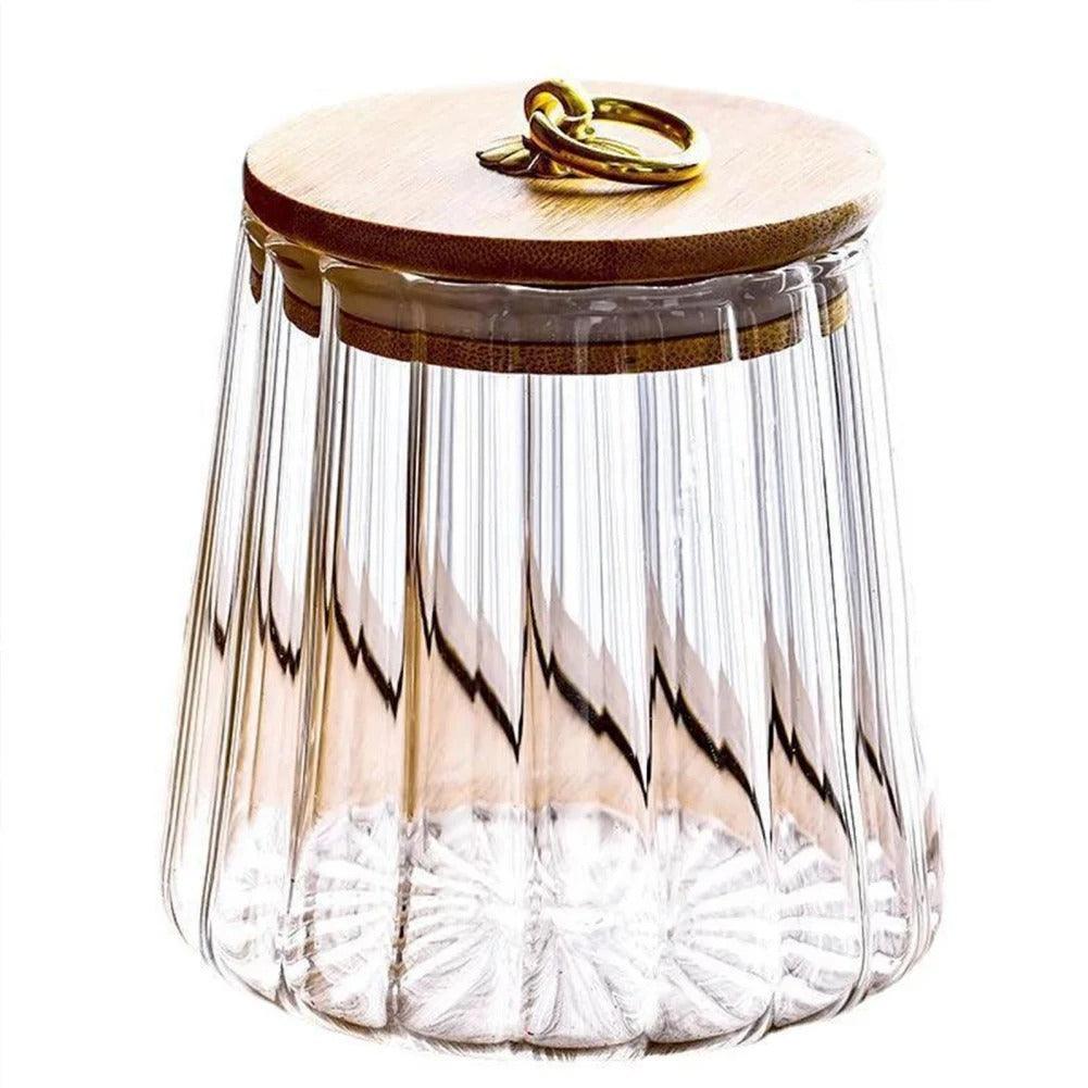 Glass Storage Jar with Wood Lid and Gold Ring Handle, Ribbed Design