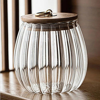 Glass Storage Jar with Wood Lid and Gold Ring Handle, Ribbed Design