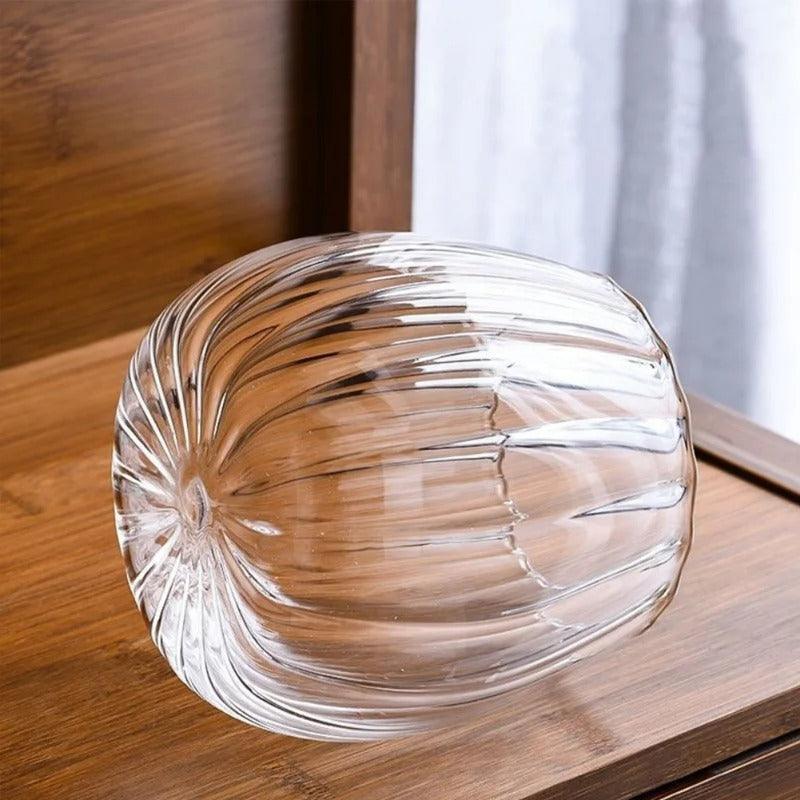 Glass Storage Jar with Wood Lid and Gold Ring Handle, Ribbed Design