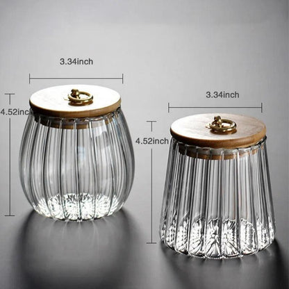 Glass Storage Jar with Wood Lid and Gold Ring Handle, Ribbed Design