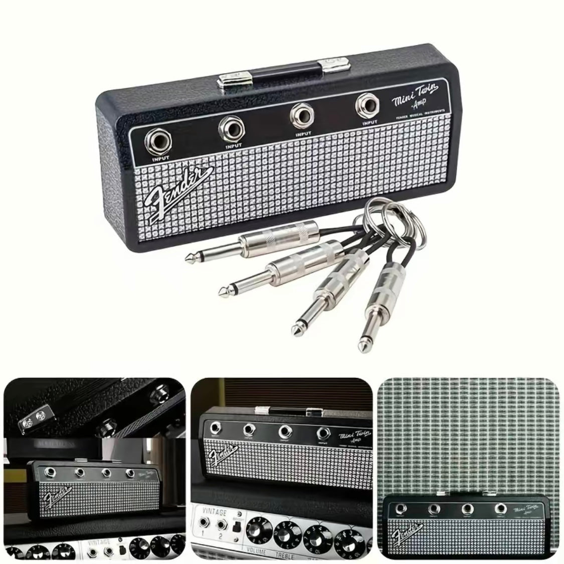 Guitar Amp Wall Key Holder with 4 Guitar Jack Keychains