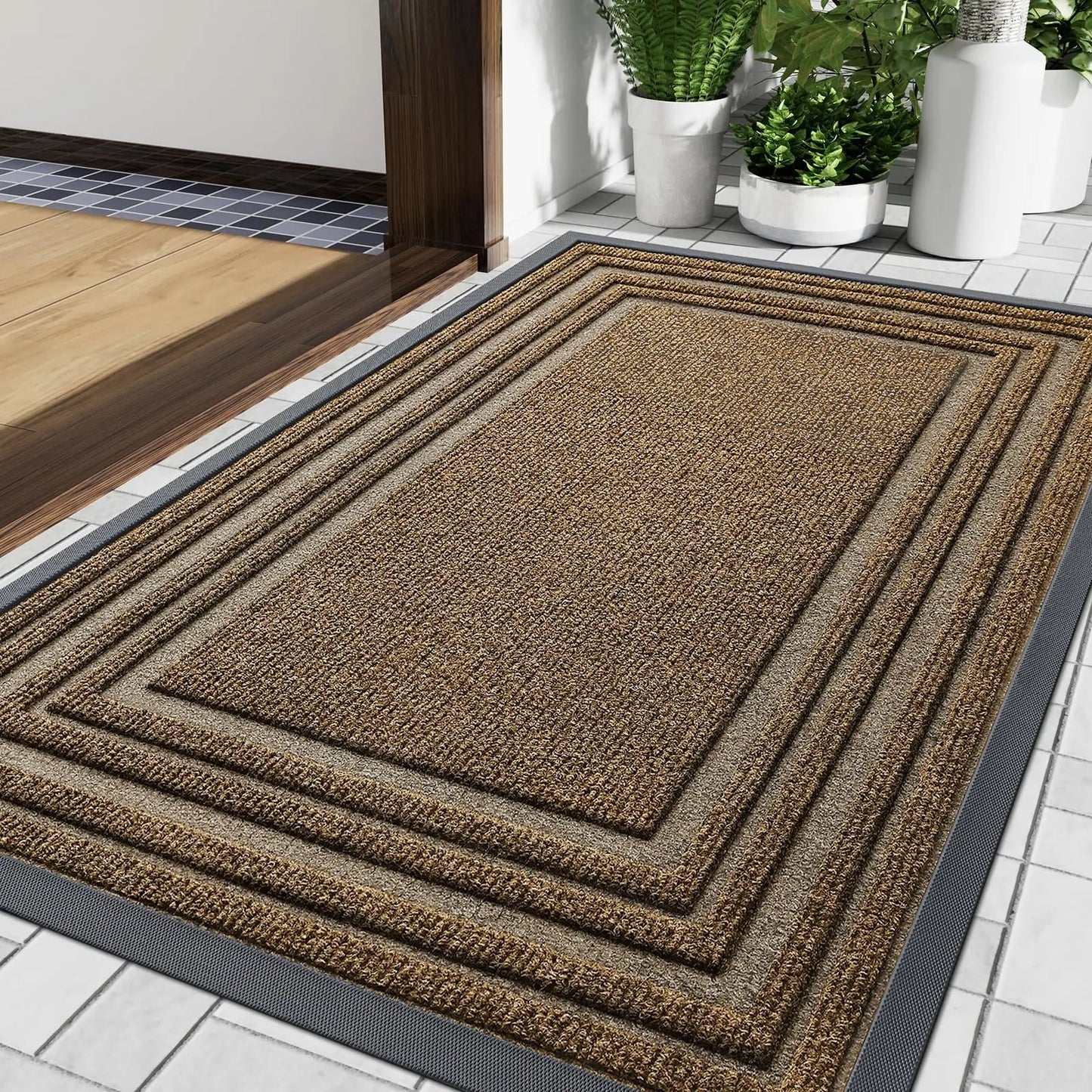 Indoor Outdoor Doormat with Anti-Slip Rubber Base and Bordered Design