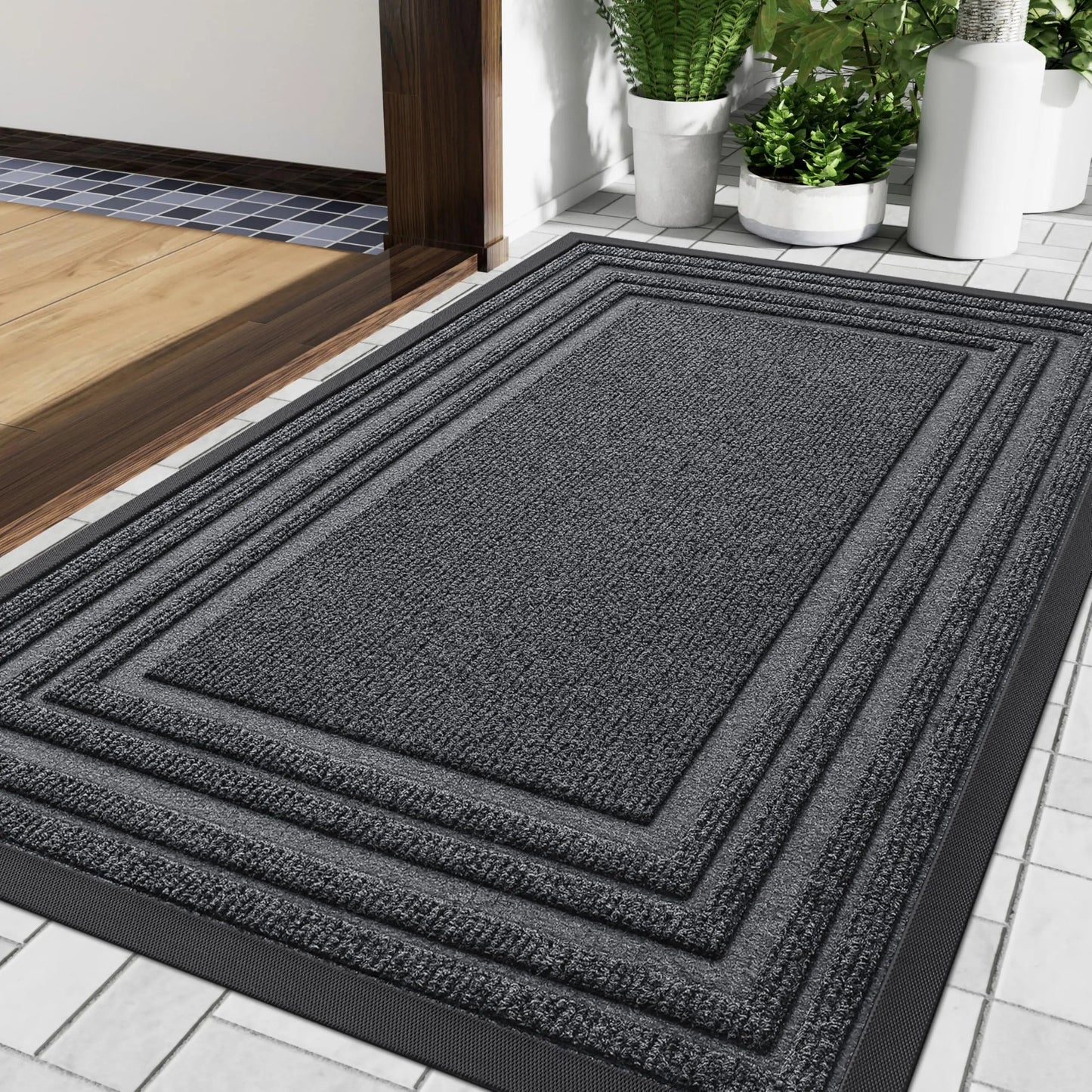Indoor Outdoor Doormat with Anti-Slip Rubber Base and Bordered Design