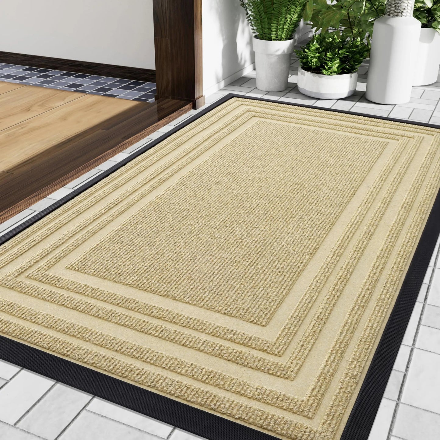 Indoor Outdoor Doormat with Anti-Slip Rubber Base and Bordered Design