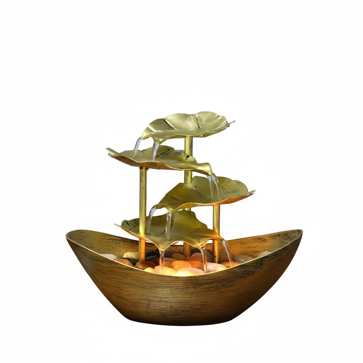 Indoor Tabletop Water Fountain with Tiered Lotus Leaf Design and LED Light