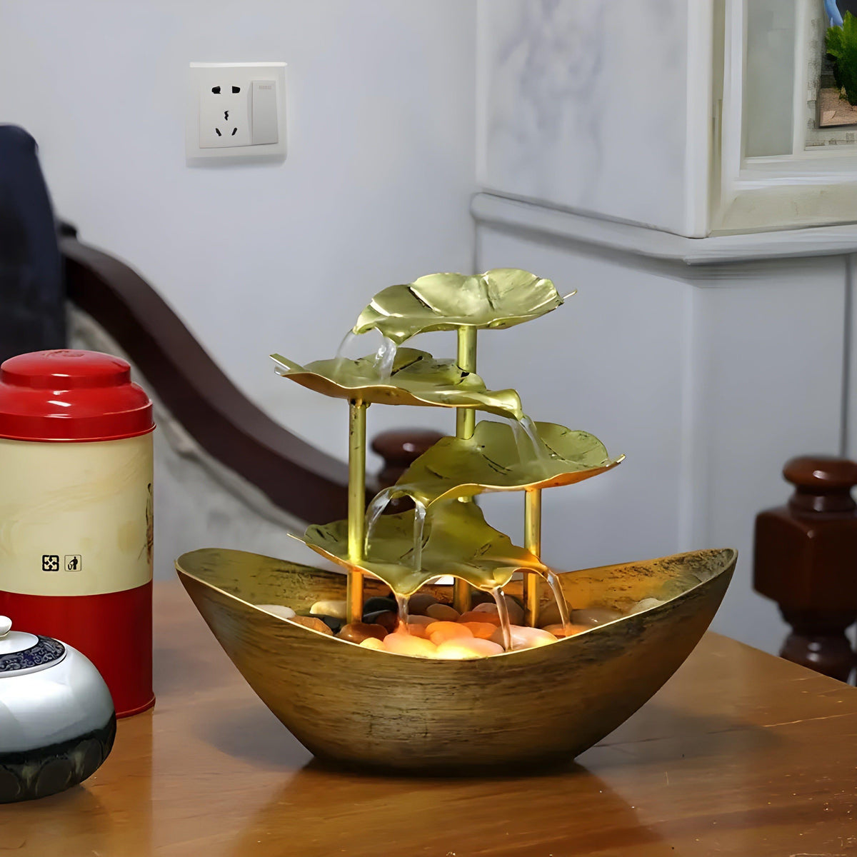 Indoor Tabletop Water Fountain with Tiered Lotus Leaf Design and LED Light