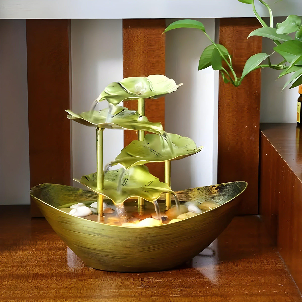 Indoor Tabletop Water Fountain with Tiered Lotus Leaf Design and LED Light