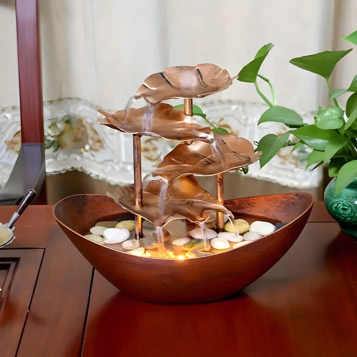 Indoor Tabletop Water Fountain with Tiered Lotus Leaf Design and LED Light