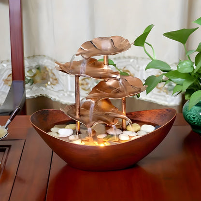 Indoor Tabletop Water Fountain with Tiered Lotus Leaf Design and LED Light