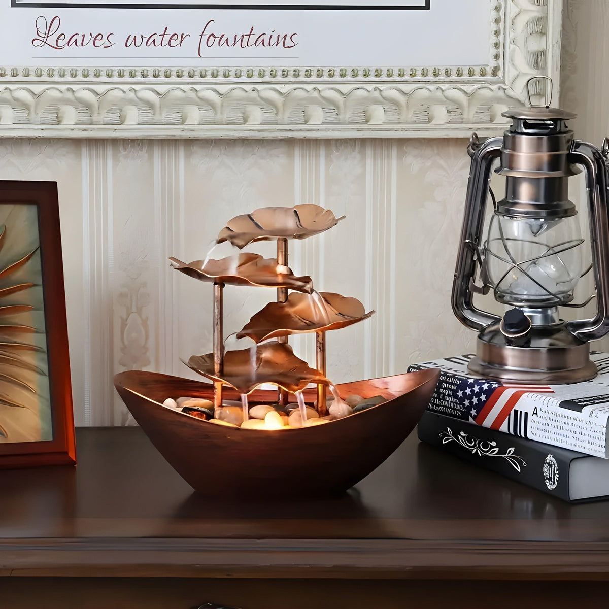 Indoor Tabletop Water Fountain with Tiered Lotus Leaf Design and LED Light