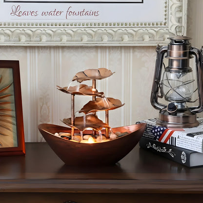 Indoor Tabletop Water Fountain with Tiered Lotus Leaf Design and LED Light
