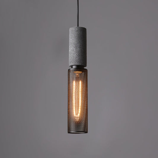 Industrial Pendant Lamp with Concrete Top and Cylindrical Mesh Shade