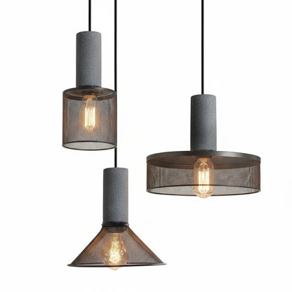 Industrial Pendant Lamp with Concrete Top and Metal Mesh Shade