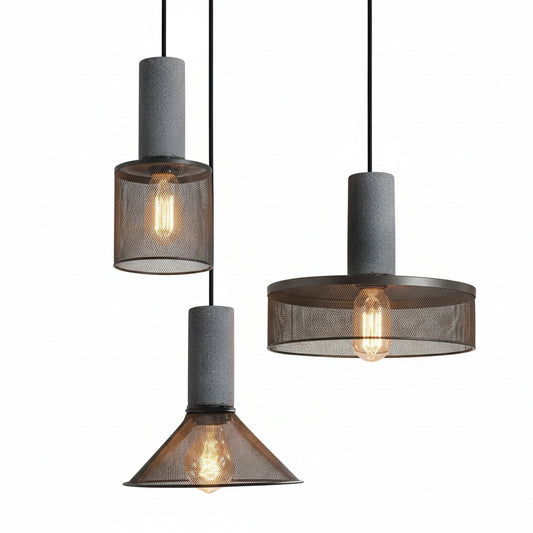 Industrial Pendant Lamp with Concrete Top and Metal Mesh Shade