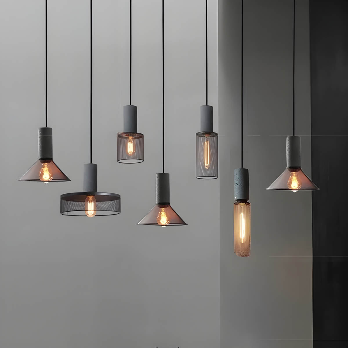 Industrial Pendant Lamp with Concrete Top and Metal Mesh Shade