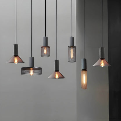 Industrial Pendant Lamp with Concrete Top and Metal Mesh Shade