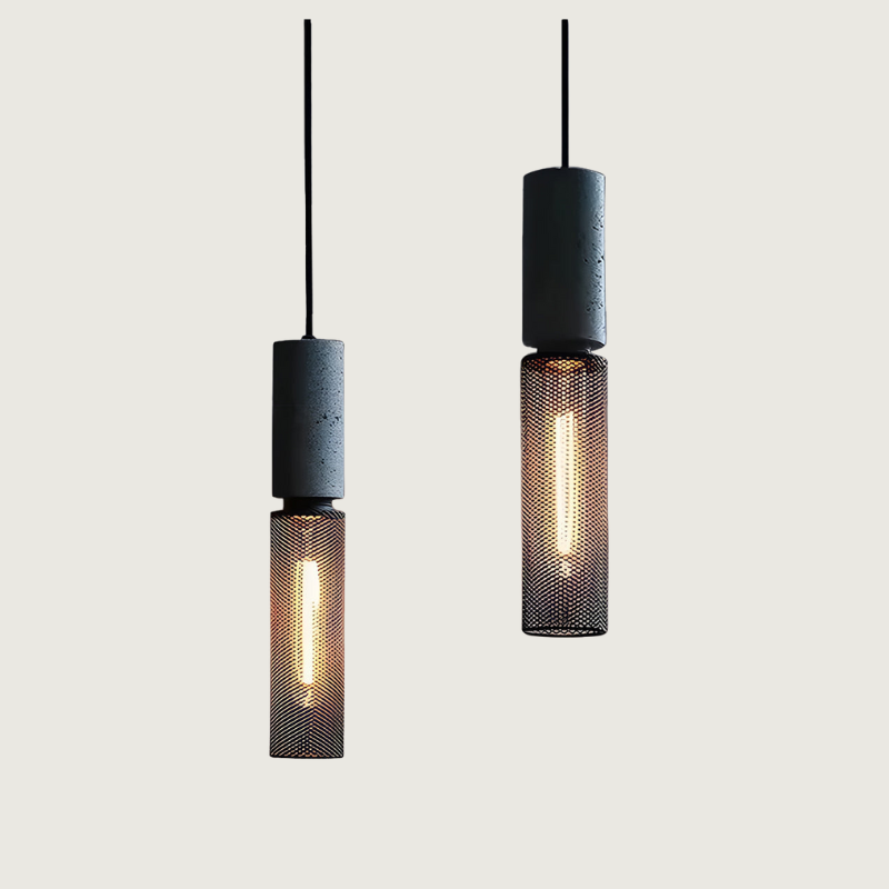Industrial Pendant Lamp with Concrete Top and Metal Mesh Shade