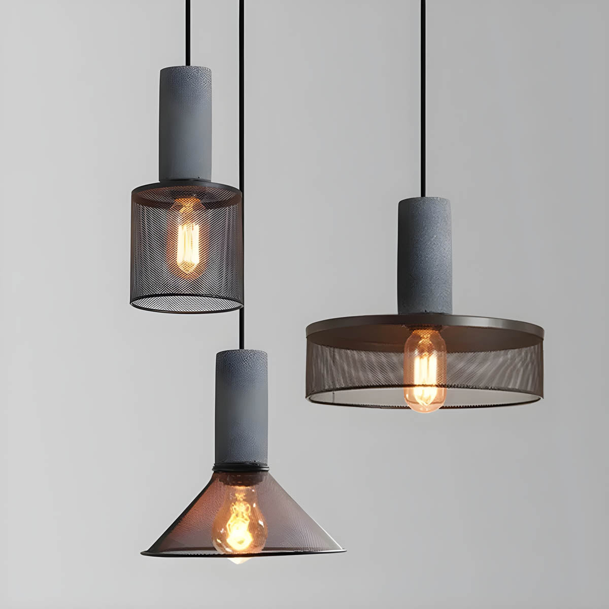 Industrial Pendant Lamp with Concrete Top and Metal Mesh Shade