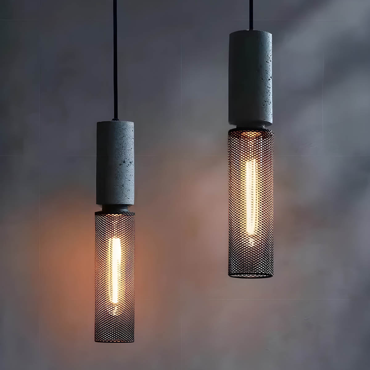 Industrial Pendant Lamp with Concrete Top and Metal Mesh Shade
