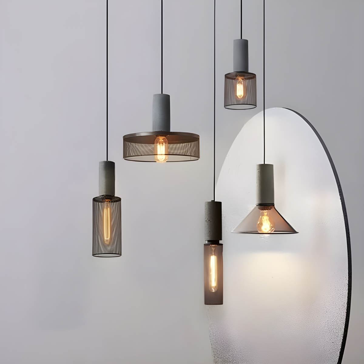 Industrial Pendant Lamp with Concrete Top and Metal Mesh Shade