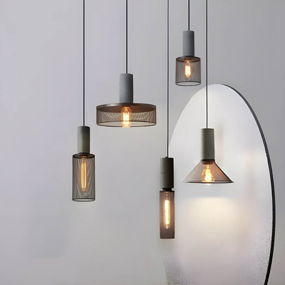 Industrial Pendant Lamp with Concrete Top and Metal Mesh Shade