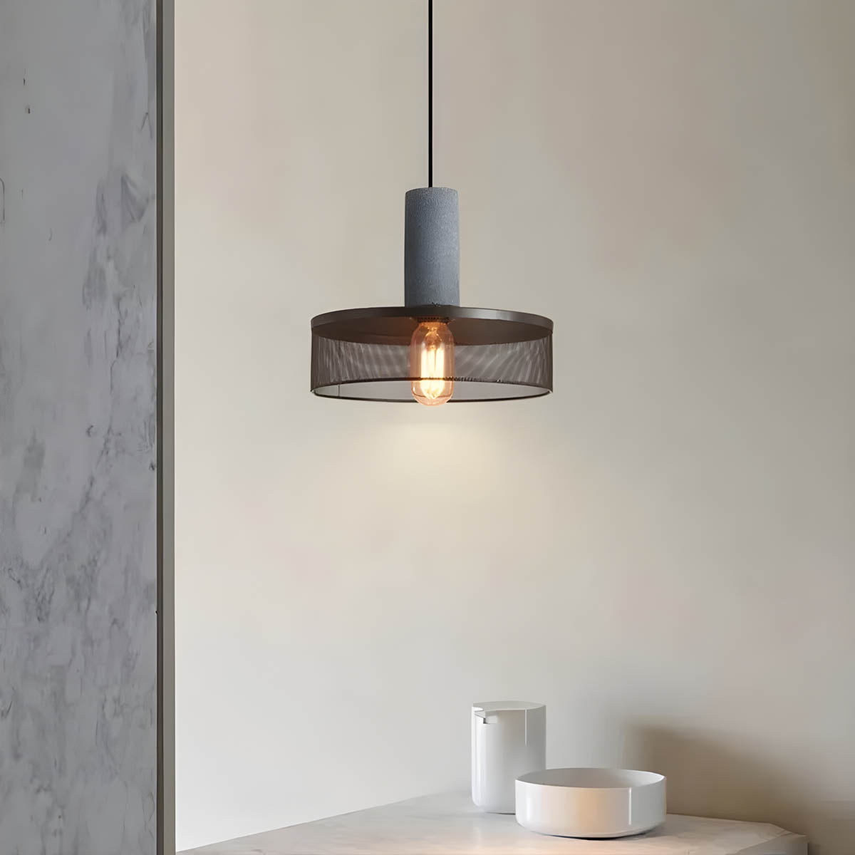Industrial Pendant Lamp with Concrete Top and Metal Mesh Shade