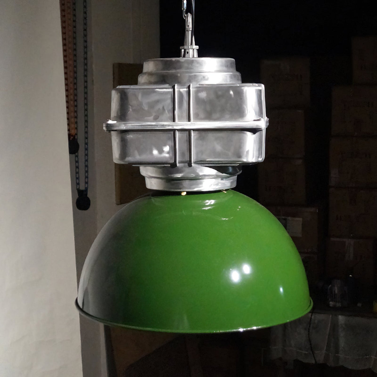 Industrial Vintage Pendant Lamp with Cage Guard and Chain Suspension