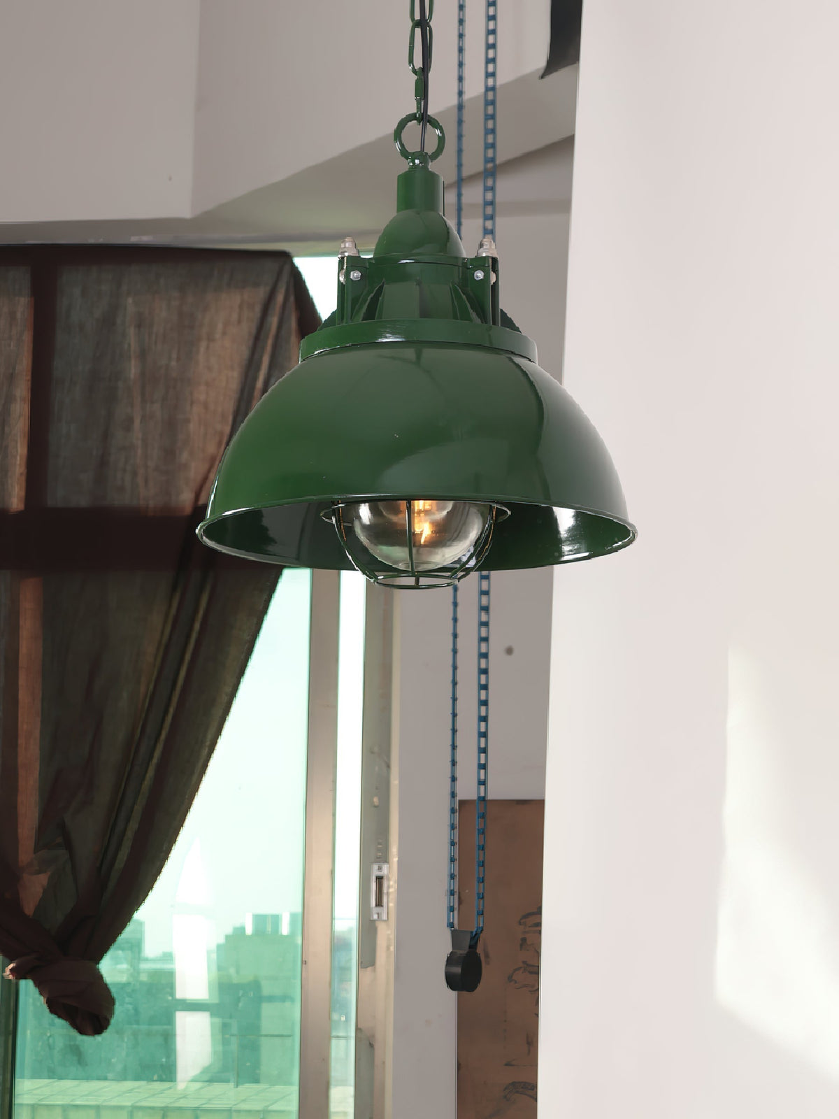 Industrial Vintage Pendant Lamp with Cage Guard and Chain Suspension