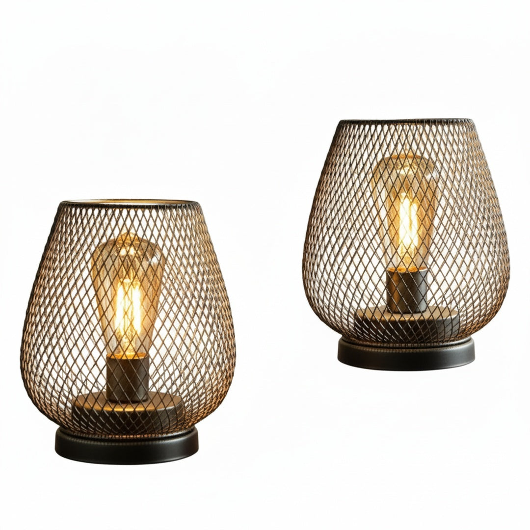 Industrial Wireless Battery Table Lamp with Metal Mesh Cage and Edison Bulb