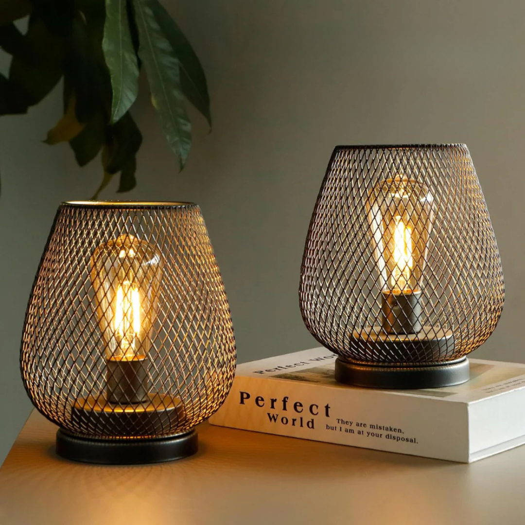 Industrial Wireless Battery Table Lamp with Metal Mesh Cage and Edison Bulb