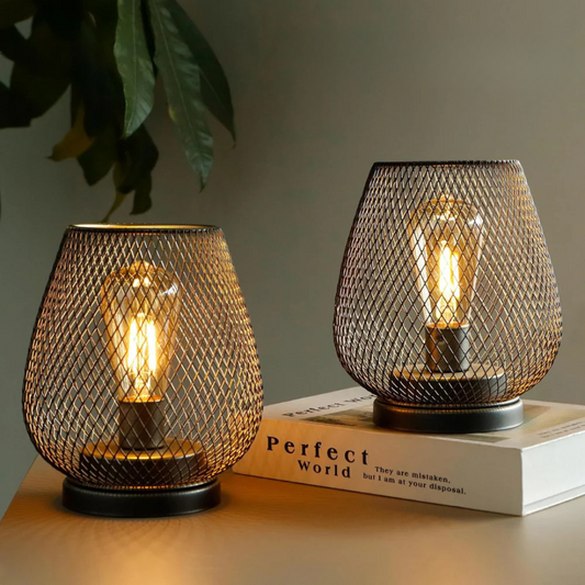 Industrial Wireless Battery Table Lamp with Metal Mesh Cage and Edison Bulb