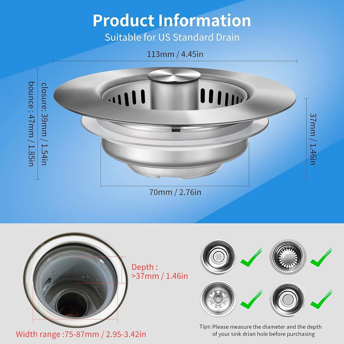 Kitchen Sink Strainer with Pop-Up Drain Stopper