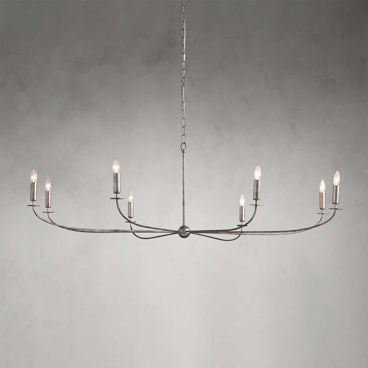 Large Candle Chandelier Art Deco Style with Curved Arms and Chain Suspension