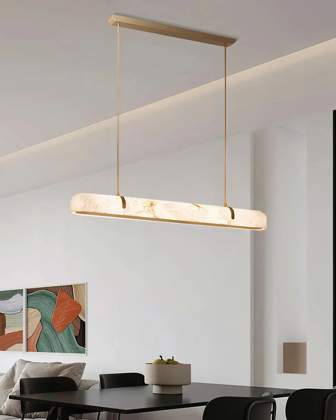 Linear Alabaster Pendant Light Modern with Brass Frame for Dining Table and Kitchen Island