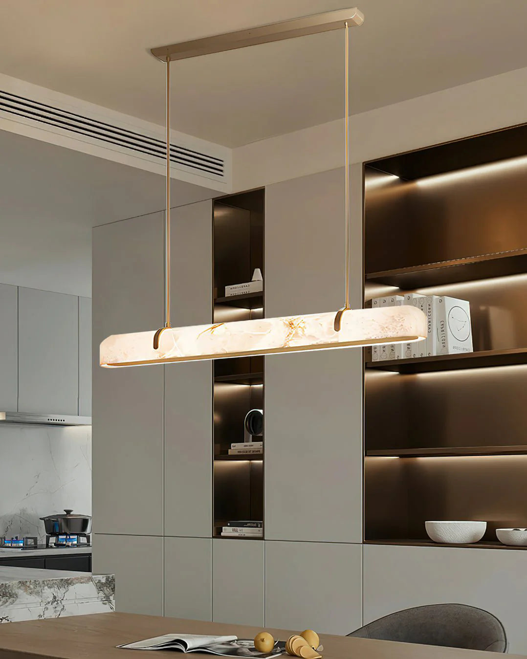 Linear Alabaster Pendant Light Modern with Brass Frame for Dining Table and Kitchen Island