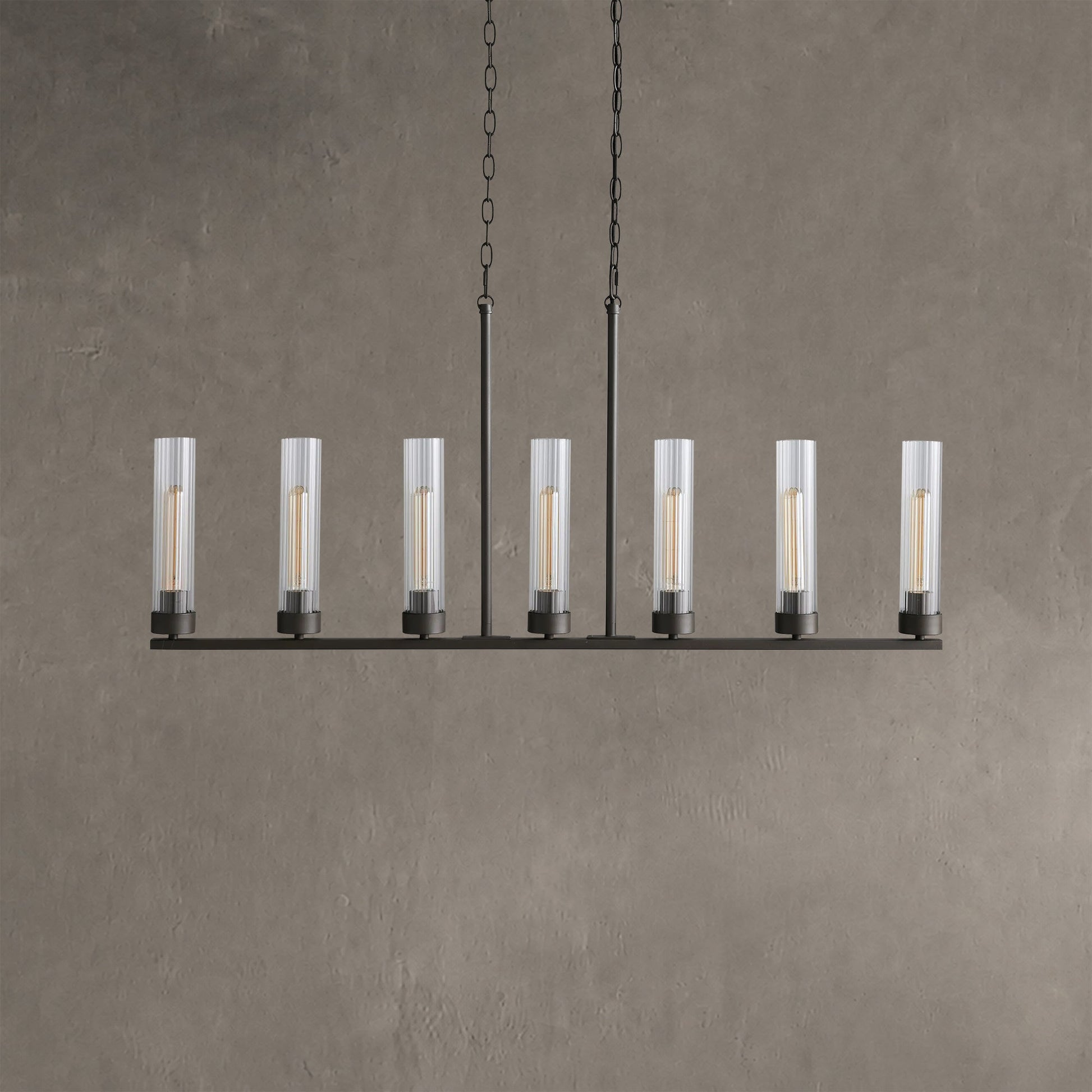 Linear Chandelier Art Deco with Fluted Glass Shades and Adjustable Drop