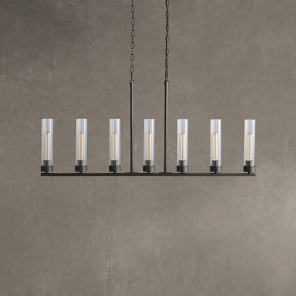 Linear Chandelier Art Deco with Fluted Glass Shades and Adjustable Drop