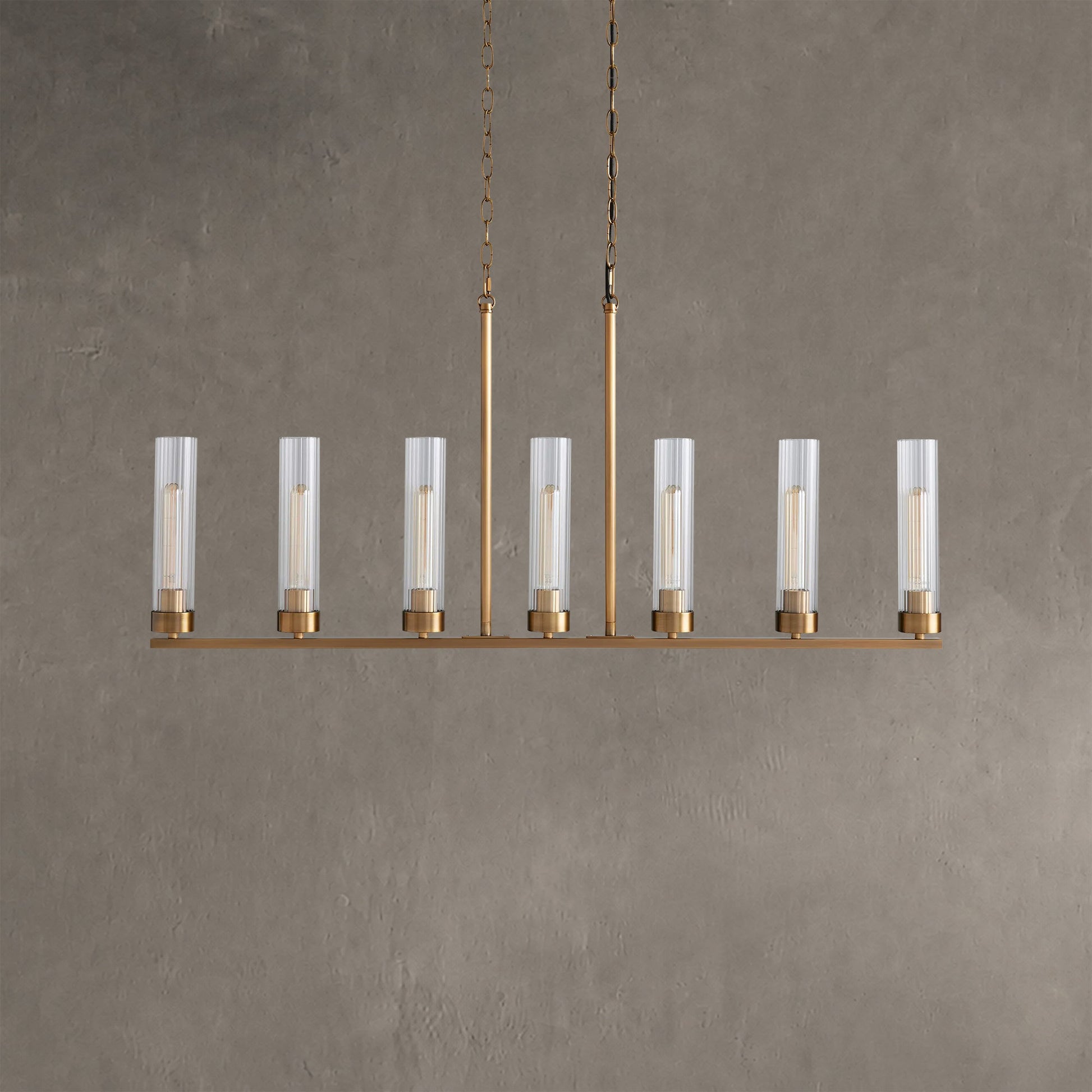Linear Chandelier Art Deco with Fluted Glass Shades and Adjustable Drop