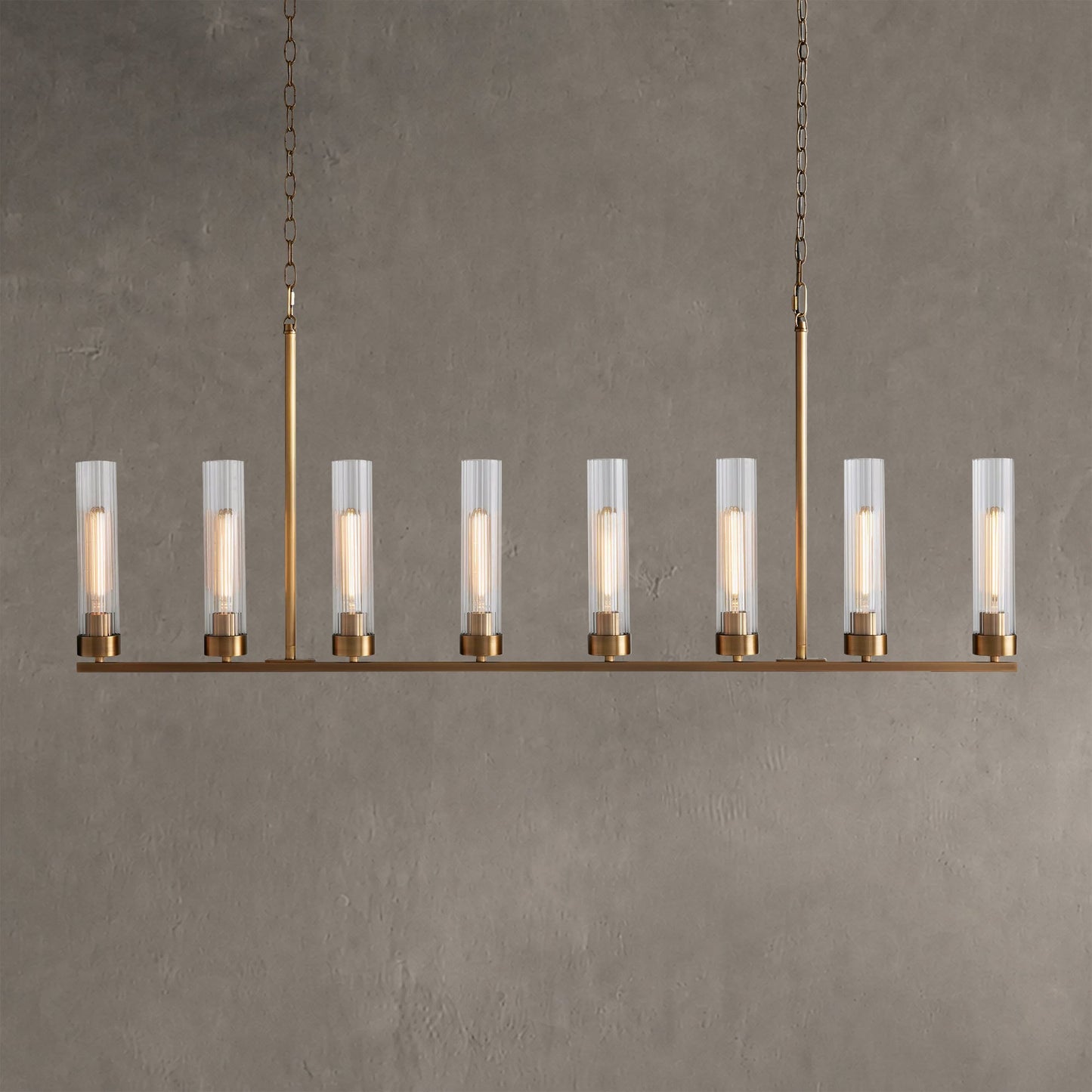 Linear Chandelier Art Deco with Fluted Glass Shades and Adjustable Drop