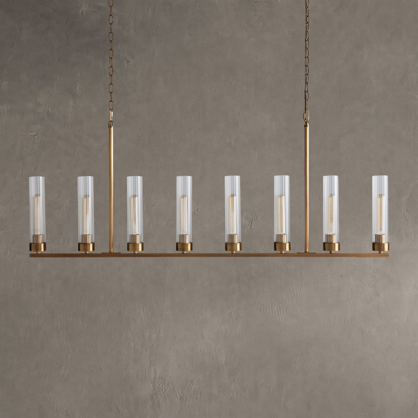 Linear Chandelier Art Deco with Fluted Glass Shades and Adjustable Drop