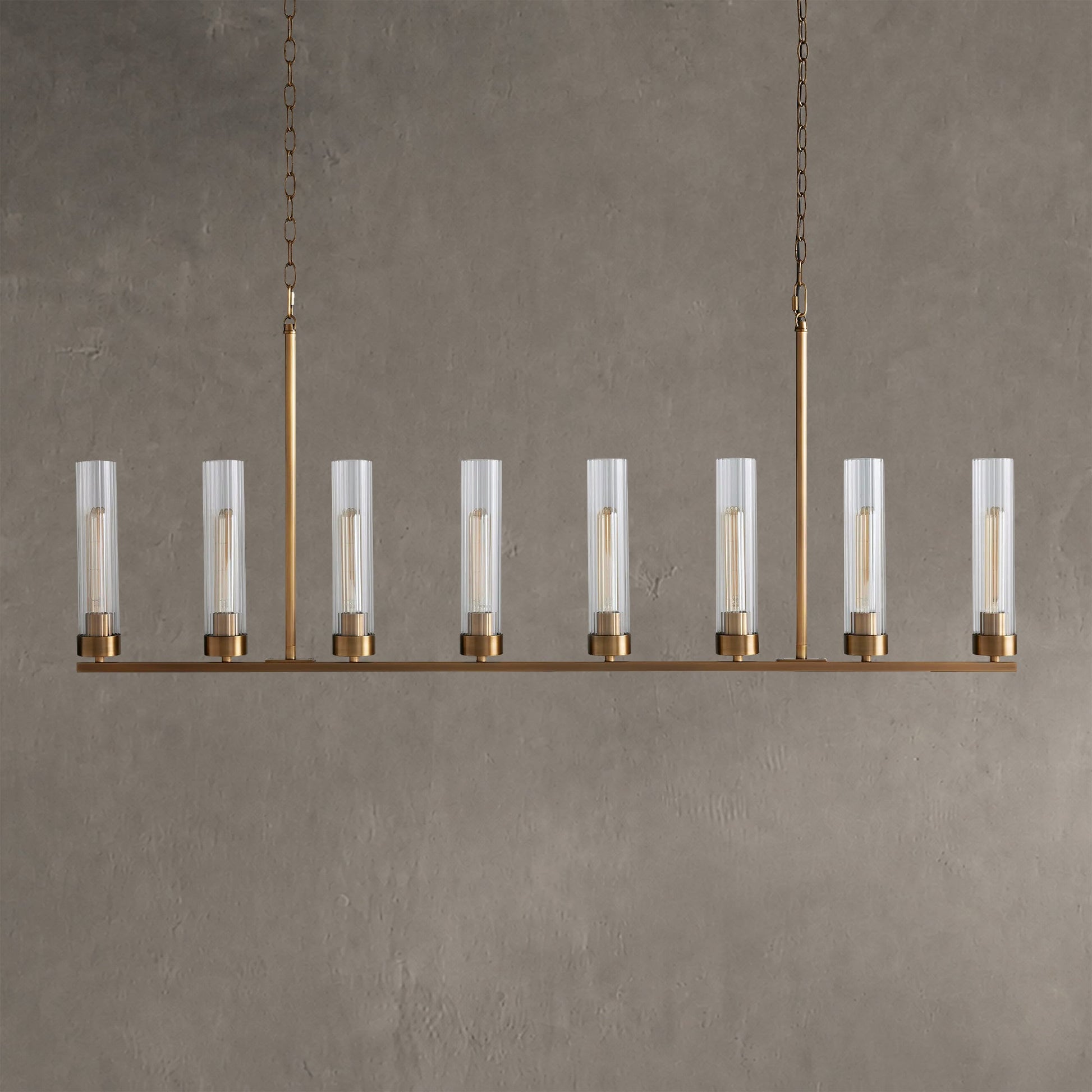 Linear Chandelier Art Deco with Fluted Glass Shades and Adjustable Drop