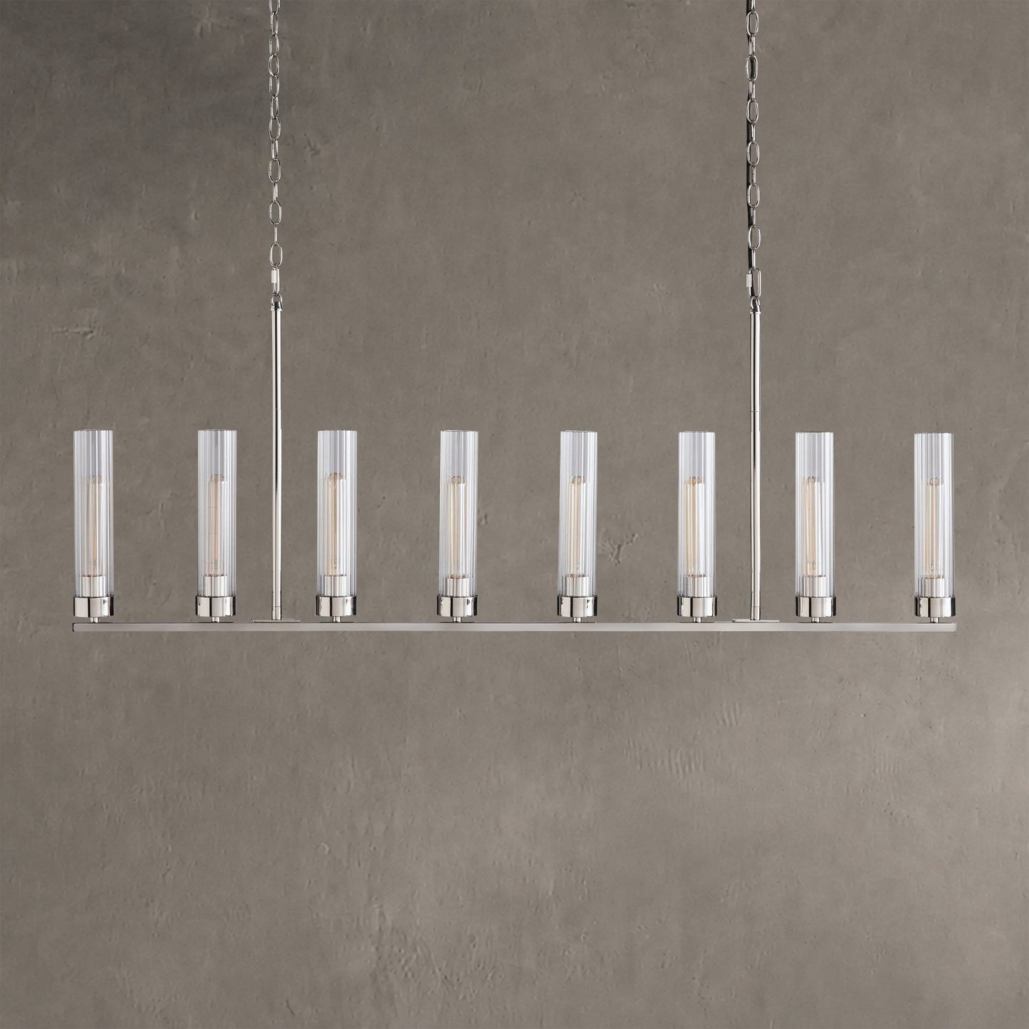 Linear Chandelier Art Deco with Fluted Glass Shades and Adjustable Drop