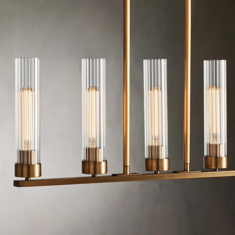 Linear Chandelier Art Deco with Fluted Glass Shades and Adjustable Drop