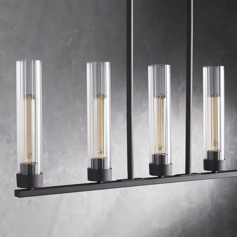 Linear Chandelier Art Deco with Fluted Glass Shades and Adjustable Drop