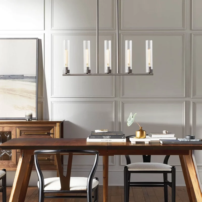 Linear Chandelier Art Deco with Fluted Glass Shades and Adjustable Drop