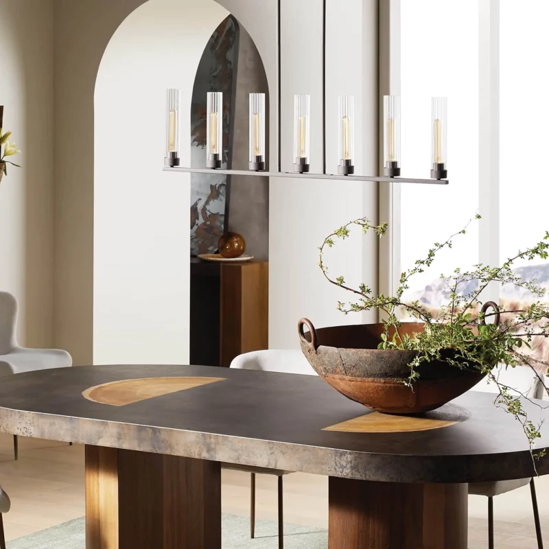 Linear Chandelier Art Deco with Fluted Glass Shades and Adjustable Drop