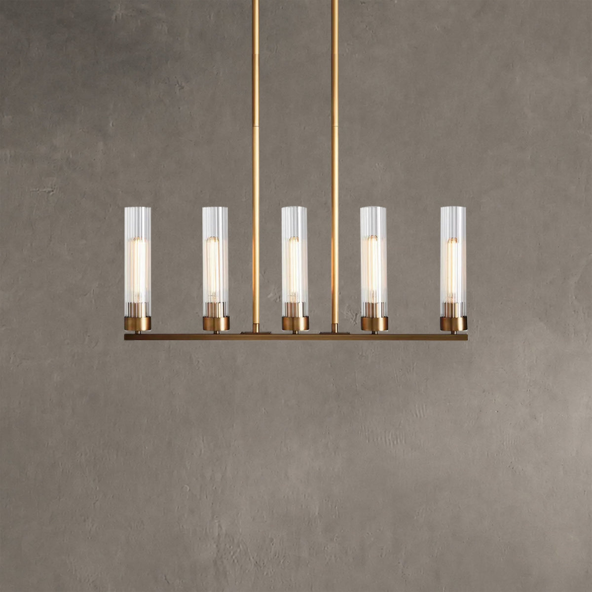 Linear Chandelier Art Deco with Fluted Glass Shades and Adjustable Drop