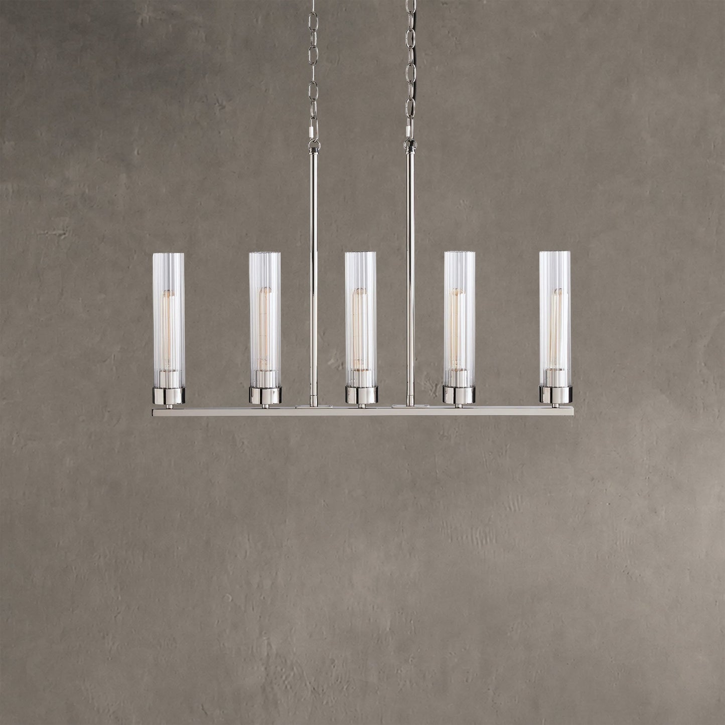 Linear Chandelier Art Deco with Fluted Glass Shades and Adjustable Drop