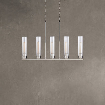 Linear Chandelier Art Deco with Fluted Glass Shades and Adjustable Drop